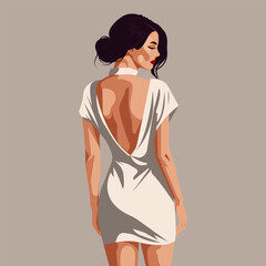 Vector flat fashion illustration of a beautiful sexy young woman of European appearance in a backless dress. Back view.