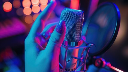 Close up of woman hand with perfect manicure gently touching the microphone and making ASMR sounds,...