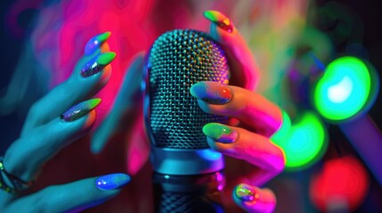 Close up of woman hand with perfect manicure gently touching the microphone and making ASMR sounds,...