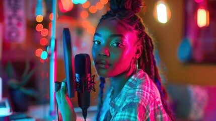 African american smiling young woman woman make asmr sounds,  recording material to her social media, speaking a podcast or singing onto the studio microphone, singing softly, whisper, streaming