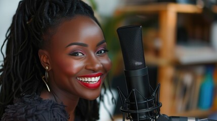 African american smiling young woman woman make asmr sounds,  recording material to her social media, speaking a podcast or singing onto the studio microphone, singing softly, whisper, streaming