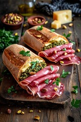 delicious and appetizing sandwich with mortadella, pistachios and cheese