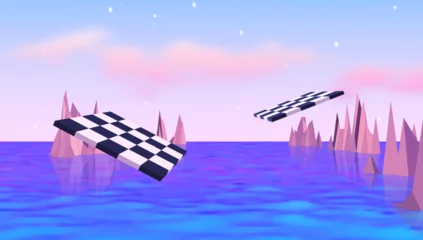 Gordijnen Purper Checkered boards flying over the sea with mountains. Surreal landscape in y2k or vaporwave style.  © swillklitch