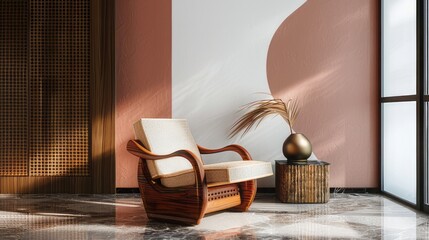 Fototapeta na wymiar modern home magazine style photography, blank wall, art deco furniture