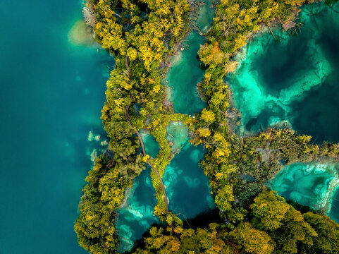 Aerial view of Plitvice National Park in Croatia at sunset.