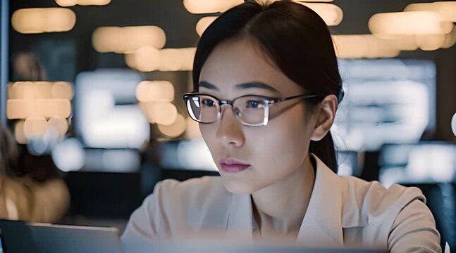 A Businesswoman Works In Front Of A Computer With A Large Blurred Monitor Screen In The Background