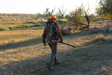 Mature man hunter with gun while walking on field.
