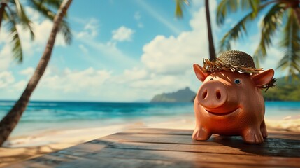 A pink piggy bank with a sun hat in the foreground, while a blurred image of a tropical beach appears in the background. Visual composition of dream trip and vacation financial aspirations. - obrazy, fototapety, plakaty