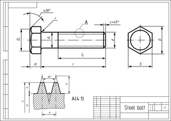 Vector engineering cad drawing of a mechanical part (steel bolt)
with thread. Computer aided design of machine parts 
with dimension lines. 
Technical cad background. - obrazy, fototapety, plakaty