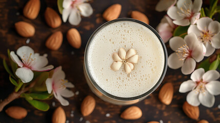 Obraz na płótnie Canvas Professional Commercial Shot of a Glass Cup full of Almond Milk, with some Almonds in and next to it.Keto Friendly, Keto Diet Beverage.