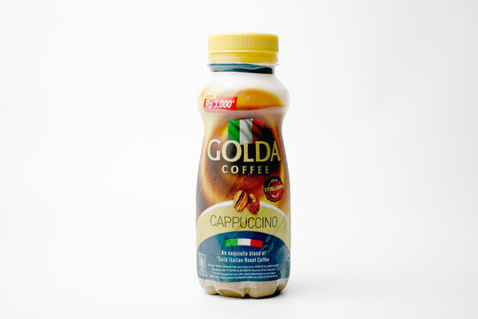 Close up a bottle of Golda Coffee Cappuccino isolated on white background. Front View.