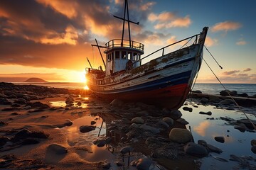 fishing boat anchored during low tide at sunset - obrazy, fototapety, plakaty