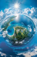 Spherize Blue Sky, Earth with Beach and Water combined in the centre, 8k, 3d Realistic, Blue Theme