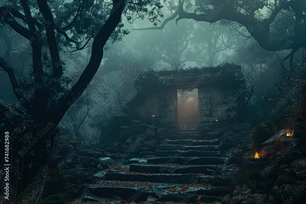 Poster night in the forest. a scenery for an adventurous quest. background image. created with generative a