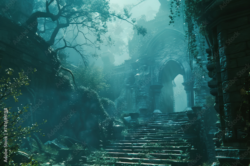 Poster old castle ruin. a scenery for an adventurous quest. background image. created with generative ai te
