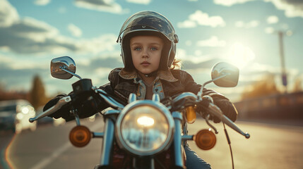 Professional Photo of a Cool Motorcyclist kid Riding his Motorcycle during Sunset in an Empty Road.