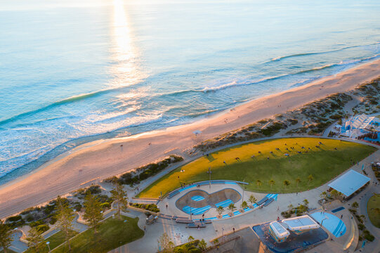 Aerial Drone View of Scarborough Beach, Western Australia. This beach is one of the most popular and favourite of beachgoers in Perth.