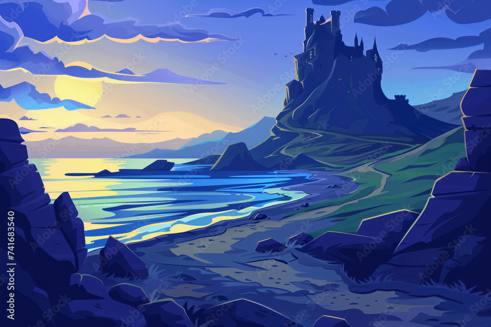 Poster sunset over the mountains. a scenery for an adventurous quest. background image. created with genera
