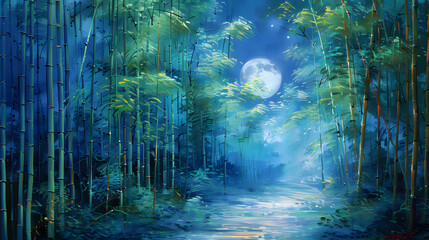 A painting of a forest with a full moon on the left side,
A painting of a forest with a path leading to the moon.