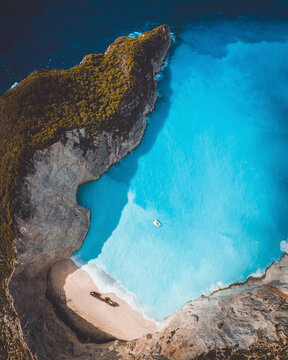 Aerial Drone view of the Navagio Shipwreck Beach, Zakynthos in Greece.