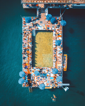 Aerial Drone view of the outdoor bathing facility Seebad Enge, Zurich in Switzerland.