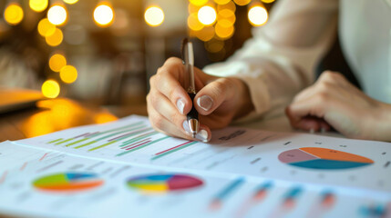 close-up view of a person's hands holding a gold pen and pointing to a pie chart on a paper, with blurred lights in the background, indicating a business or financial analysis setting.