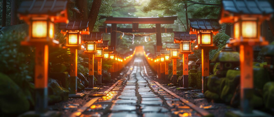 a shrine during a traditional Japanese festival, lanterns glow, leading up a stone path towards the sacred site, the festive atmosphere with serene landscape.
