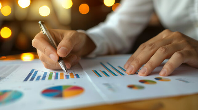 close-up view of a person's hands holding a gold pen and pointing to a pie chart on a paper, with blurred lights in the background, indicating a business or financial analysis setting. - Powered by Adobe