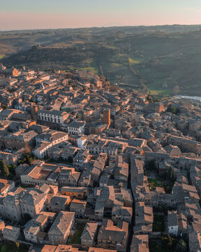 Aerial view of Orvieto at sunset, a small town on the hills in Umbria, Terni, Italy.