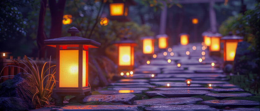 a shrine during a traditional Japanese festival, lanterns glow, leading up a stone path towards the sacred site, the festive atmosphere with serene landscape.