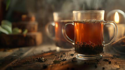 Fototapeta premium Professional Close up of Smoking Hot Black Tea in a simple Glass Mug. Keto Diet Beverage.