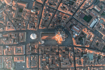 Aerial view of Cathedral of Santa Maria del Fiore and the The Baptistery of St. John, a gothic style church in Florence downtown, Florence, Tuscany, Italy.
