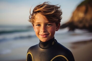 Portrait of a smiling boy with wetsuit at the beach