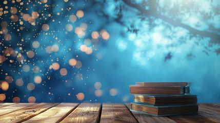 Book stack on wooden table with blurred blue background - Powered by Adobe