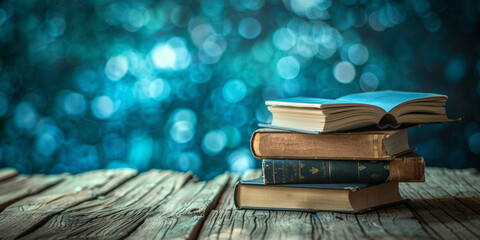 Book stack on wooden table with blurred blue background