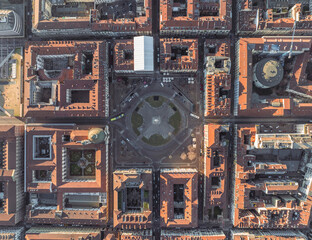 Aerial view of Piazza Carlo Emanuele II in Turin downtown at sunset, Turin, Piedmont, Italy.