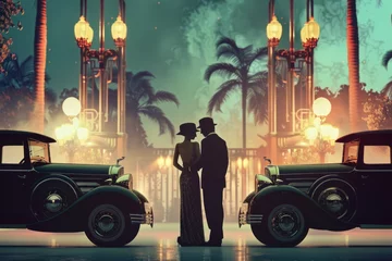 Fotobehang A vintage styled of an elegant evening scene with classic cars and a couple © ParinApril
