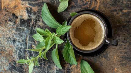 Professional Close-up of a Cup of Coffe on a little Plate with a Plant of Stevia next to it. Keto Friendly, Keto Diet Beverage.
