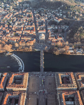 Aerial view of Gran Madre di Dio, an historic neoclassical Catholic church in Turin downtown along the Po river at sunset, Turin, Piedmont, Italy.