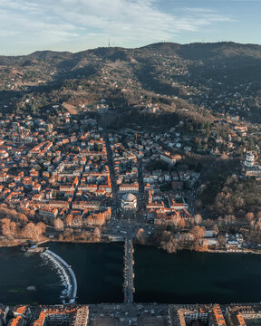 Aerial view of Gran Madre di Dio, an historic neoclassical Catholic church in Turin downtown along the Po river at sunset, Turin, Piedmont, Italy.