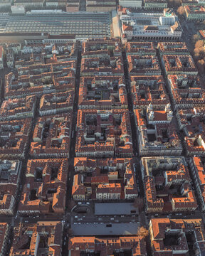 Aerial view of residential building blocks along the road, Turin, Piedmont, Italy.