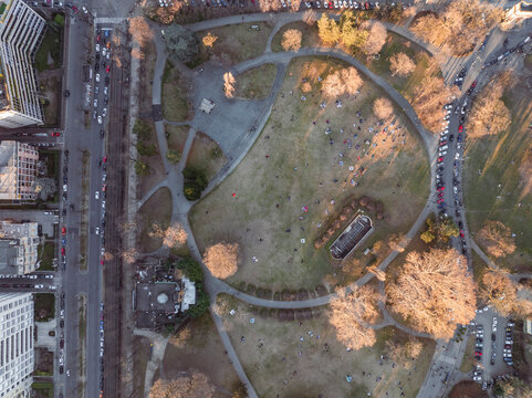 Aerial view of people at Valentino Public Gardens and Park in Turin downtown, Turin, Piedmont, Italy.