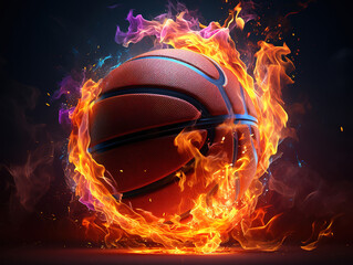 Flying burning basketball in fire at black background