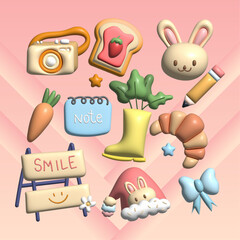 set of 3d cute rabbit bunny