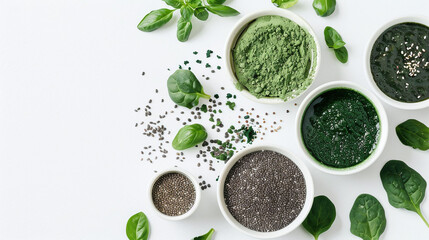 Superfood powders and seeds with fresh spinach leaves on a white background. Flat lay composition with copy space. Healthy lifestyle and natural supplements concept. Design for health food store, menu