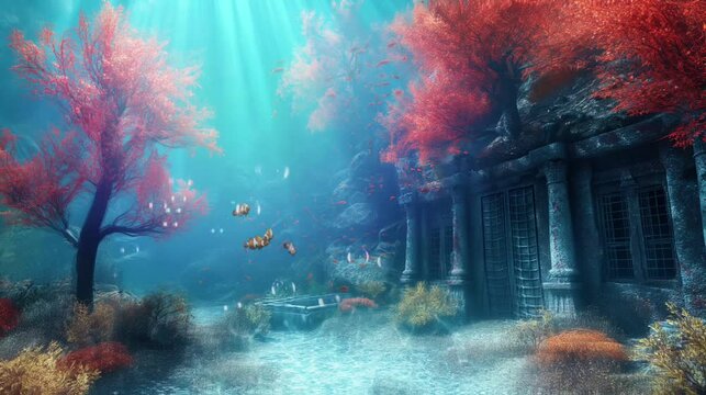 amidst the cerulean depths, sunlight pierces through the water, casting an ethereal glow upon the coral garden below, vibrant sea fans sway gently, landscape with space, videos HD