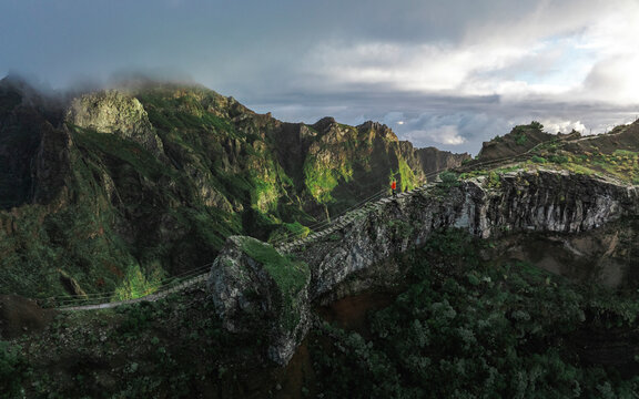 Aerial drone view of PR1 hike, stairway to heaven pathway, near Pico de Areeiro, Madeira Island, Portugal.