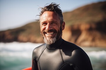 Portrait of a happy senior man with surfboard at the beach