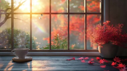 daylight saving time concept at sunrise,  enjoying coffee as near the window with leaves, on a wooden floor in the living room, videos.