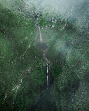 Aerial drone view of Risco Waterfall at the Lagoa das 25 Fontes trail PR6, Madeira island, Portugal.